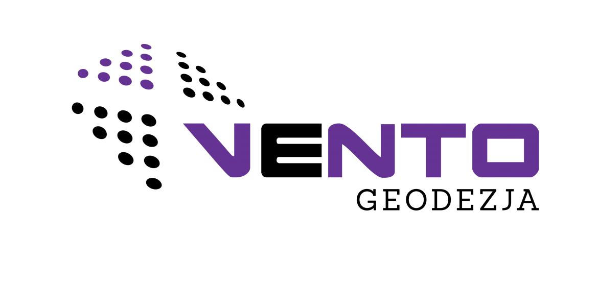 Vento Geodezja firma świadcząca usługi geodezyjne. Symbol strzałki z napisem Vento Geodezja w kolorze fioletowym. Logo firmy.
